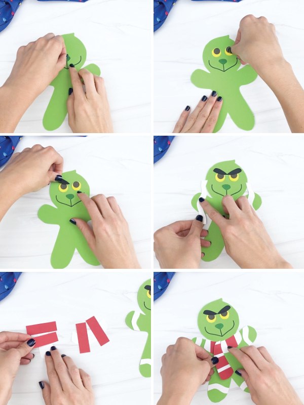 collage of in process photos of a Grinch gingerbread craft