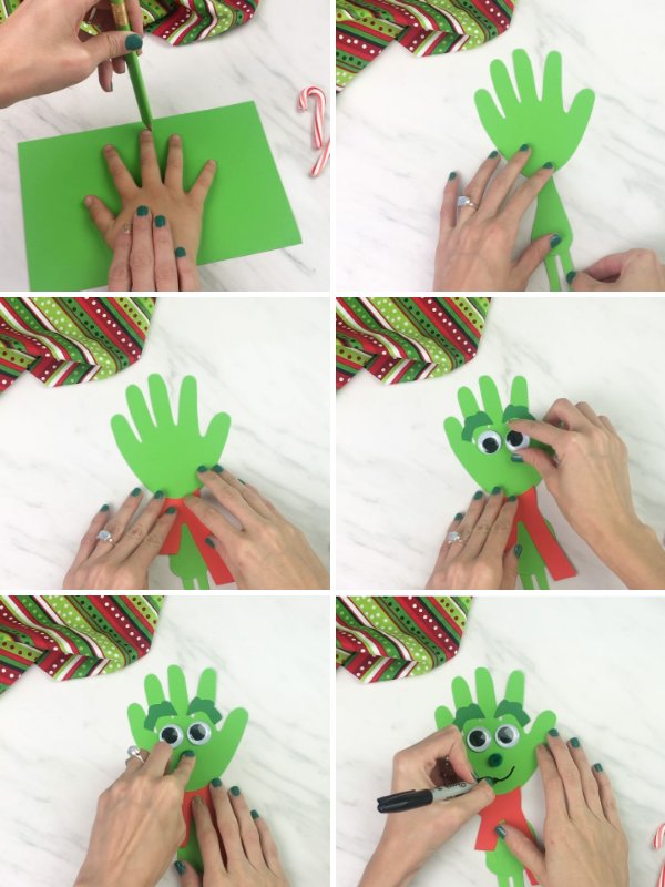 in process photo collage of creating a Grinch handprint craft