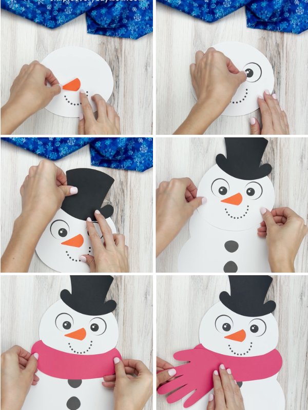 in process photo collage of creating a snowman handprint craft