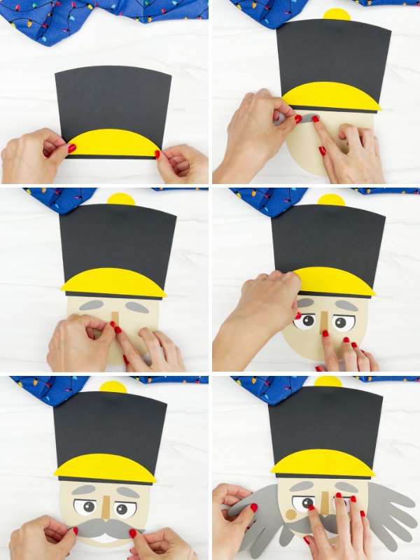 in process photo collage of creating a handprint nutcracker craft