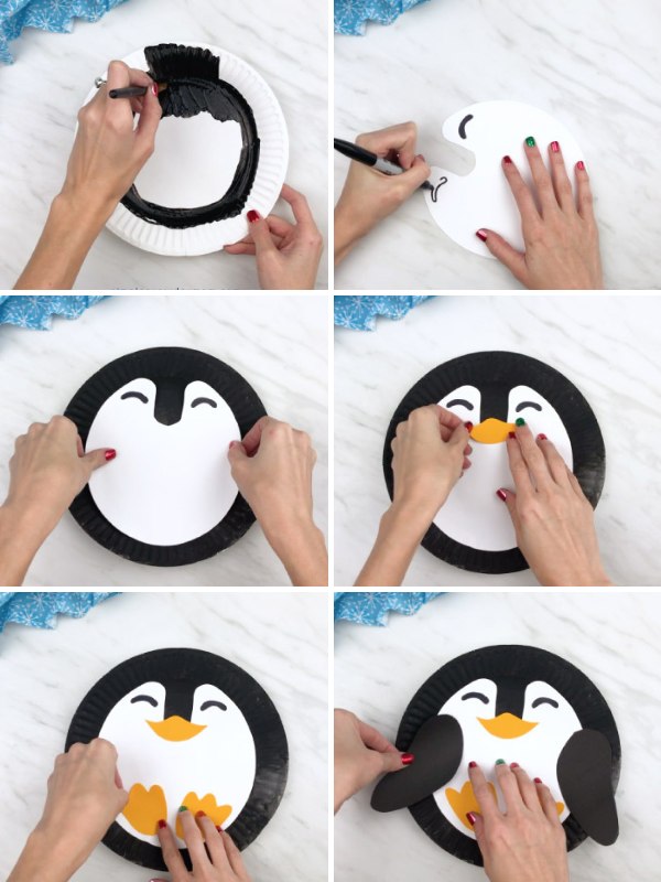 in process photo collage of creating a penguin paper plate craft