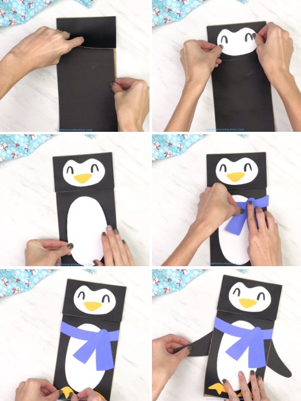 in process photo collage of creating a penguin puppet craft