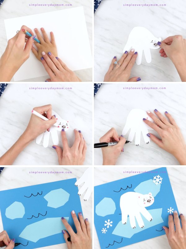 in process photo collage of creating a handprint polar bear craft