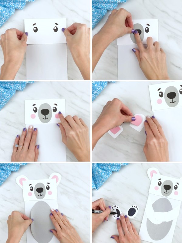 in process photo collage of creating a polar bear puppet craft
