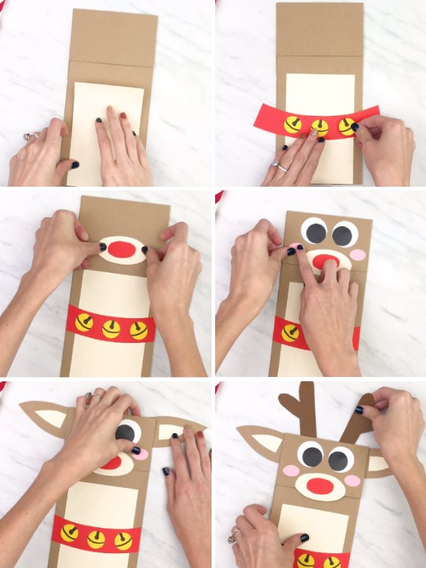 in process photo collage of creating a reindeer puppet craft