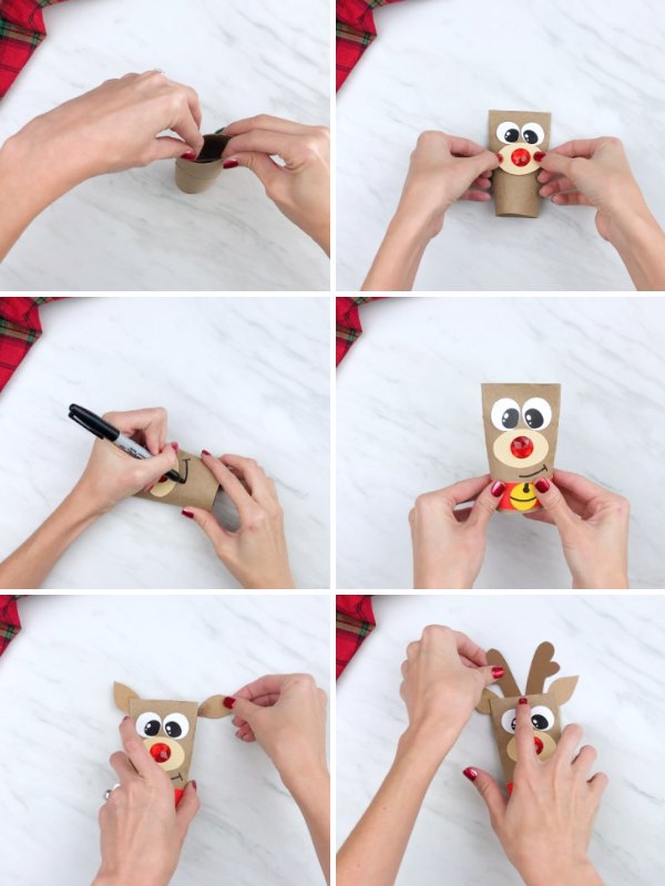 in process photo collage of creating a reindeer toilet roll craft