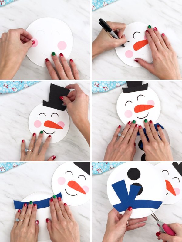 in process photo collage of creating a snowman paper plate craft