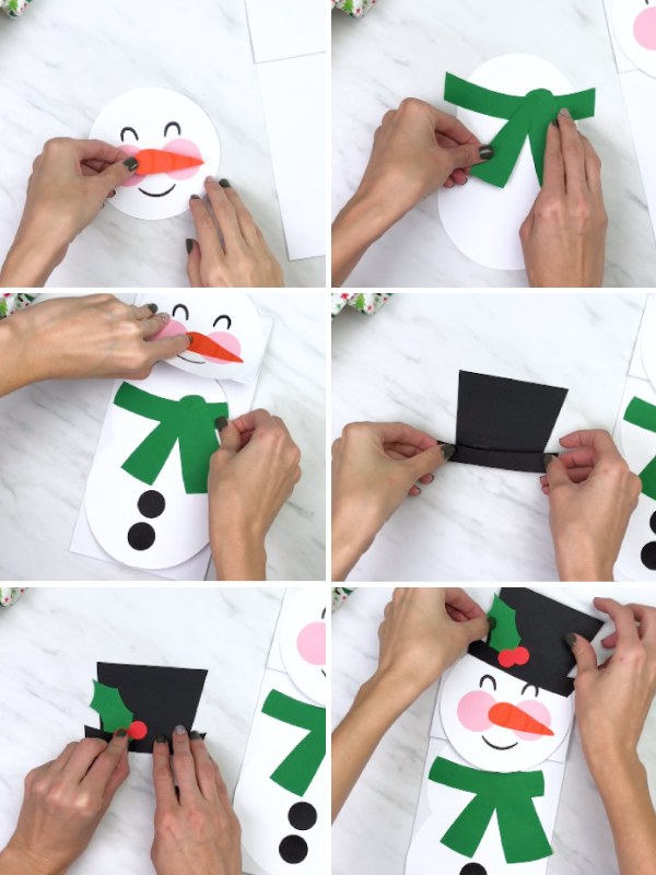 in process photo collage of creating a snowman puppet craft