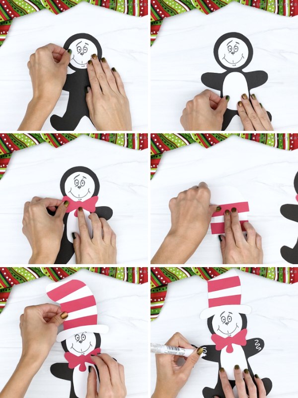 in process photo collage of creating a Cat in the Hat gingerbread man craft