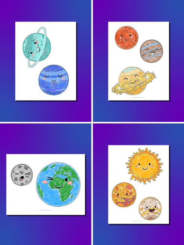 4 image collage of planet coloring pages