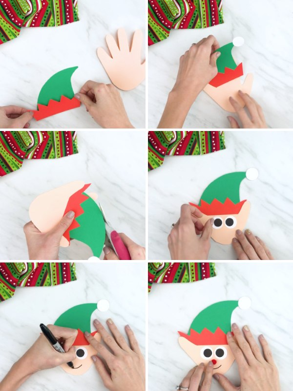 in process photo collage of creating a handprint elf card craft
