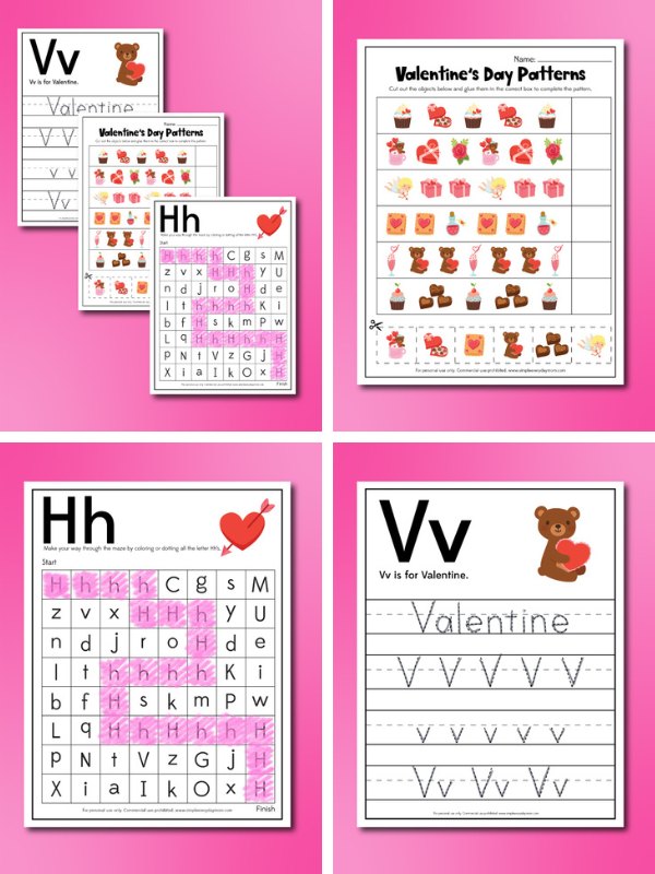 4 image collage of Valentine worksheets for kids