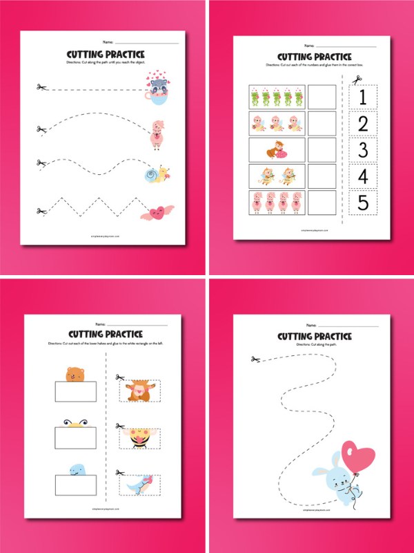 4 image collage of Valentine's Day scissor worksheets
