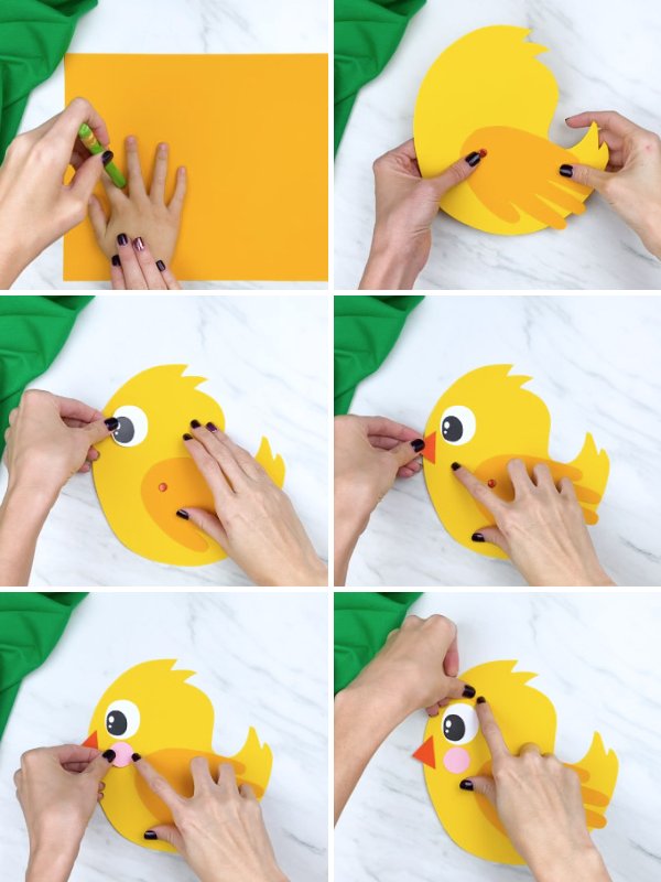 in process photo collage of creating a chick handprint card craft