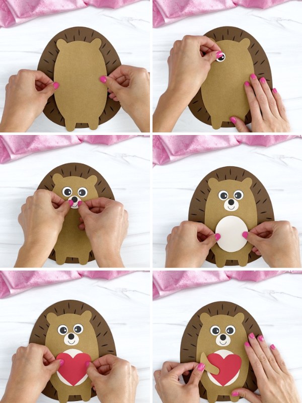 in process photo collage of creating a valentine hedgehog craft