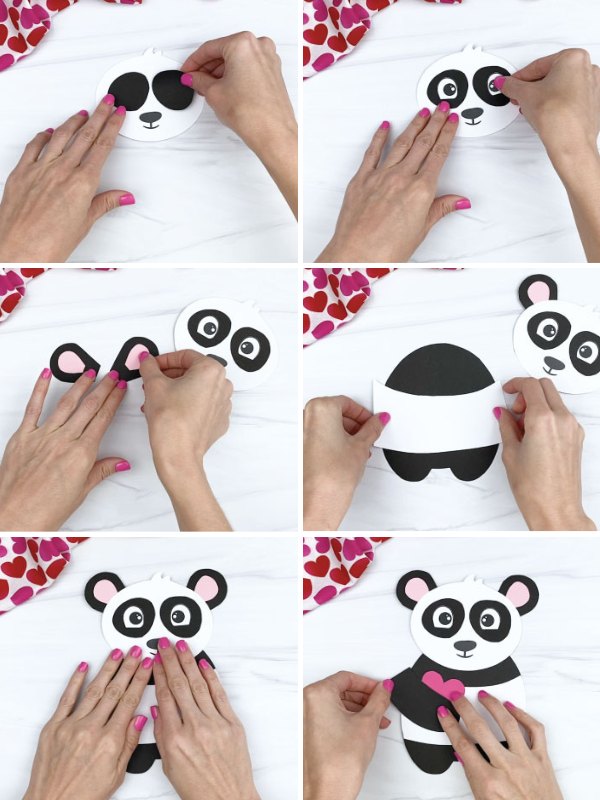 in process photo collage of creating a panda valentine craft
