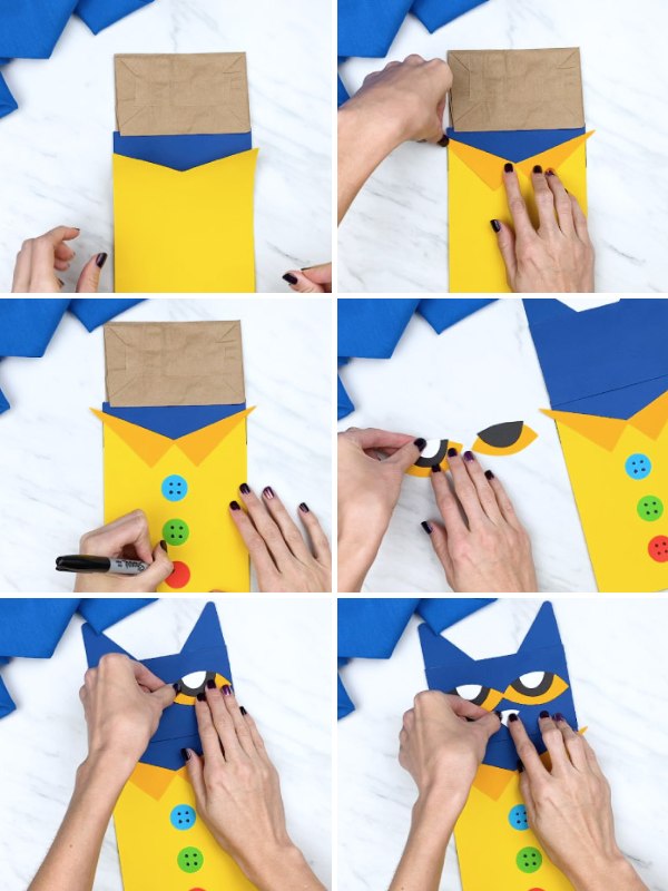 in process photo collage of creating a Pete the Cat puppet craft