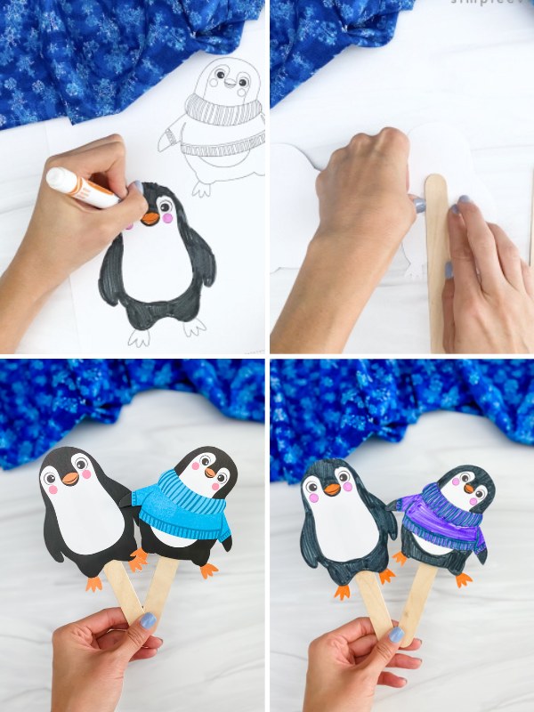 in process photo collage of creating a popsicle stick penguin puppets