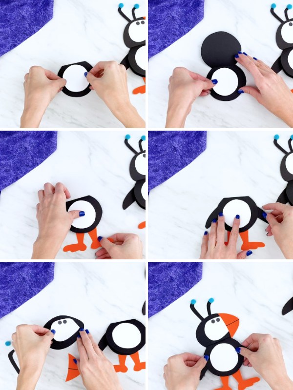 in process photo collage of creating a puffin craft