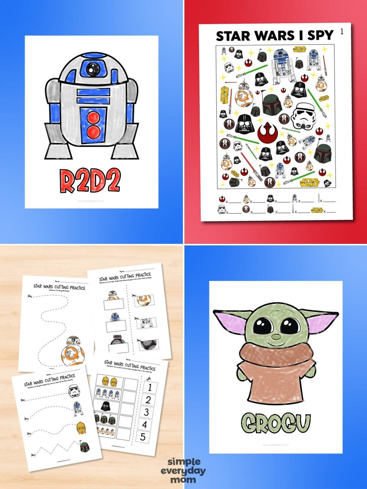 Collage of Star Wars printable activities, including R2-D2 and Grogu coloring pages, an I Spy worksheet, and cutting practice sheets.
