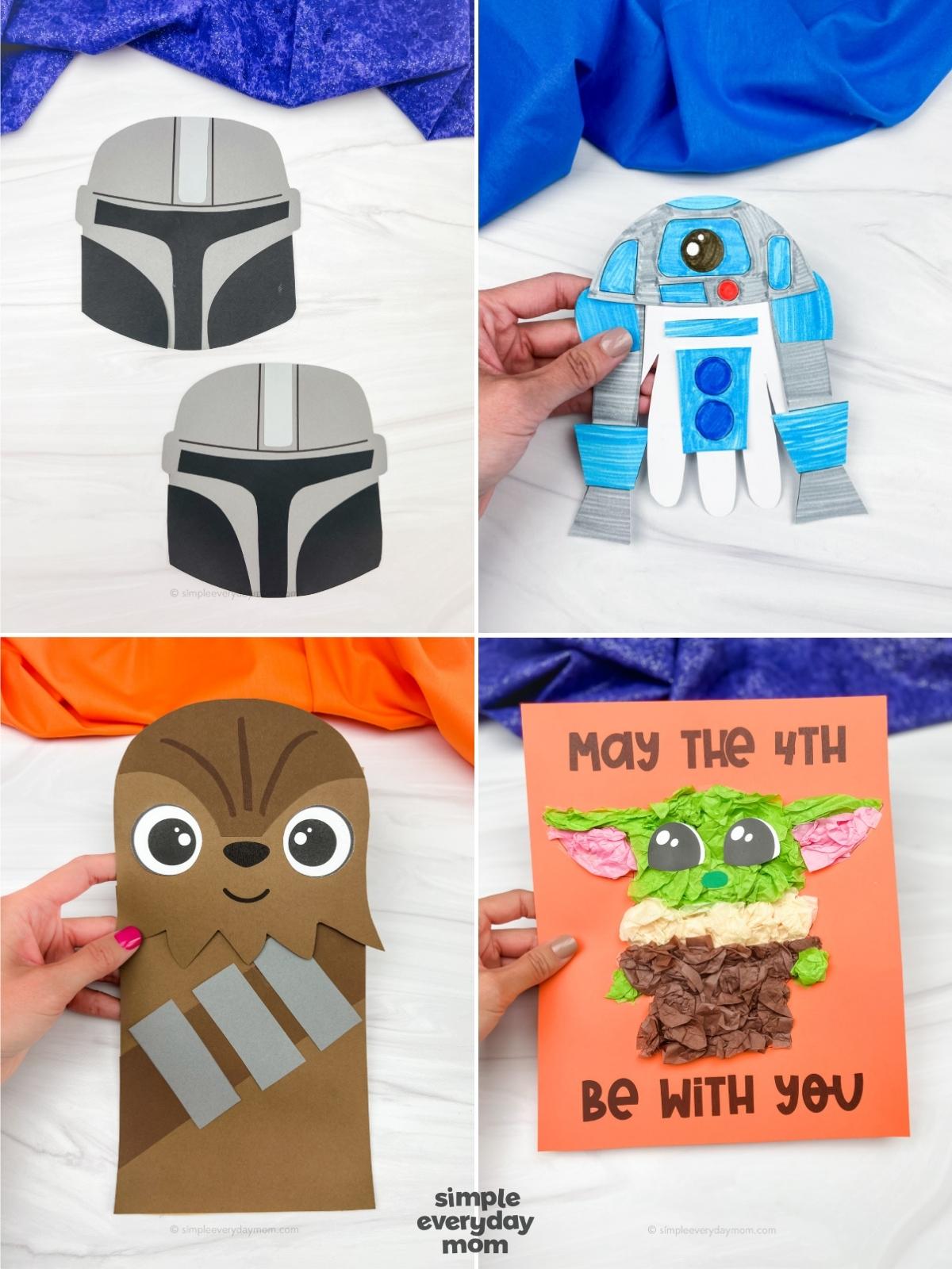 Collage of Star Wars-themed paper crafts, including Mandalorian helmets, an R2-D2 craft, a Chewbacca craft, and a Grogu “May the 4th be with you” tissue paper craft.