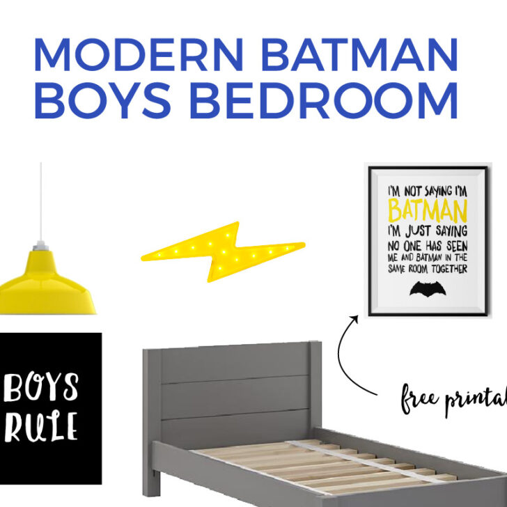 Modern Batman Theme Boys Room | Decorate your little superhero's room in this modern and bright Batman boys room. Click through for all the details and a FREE batman wall art download!