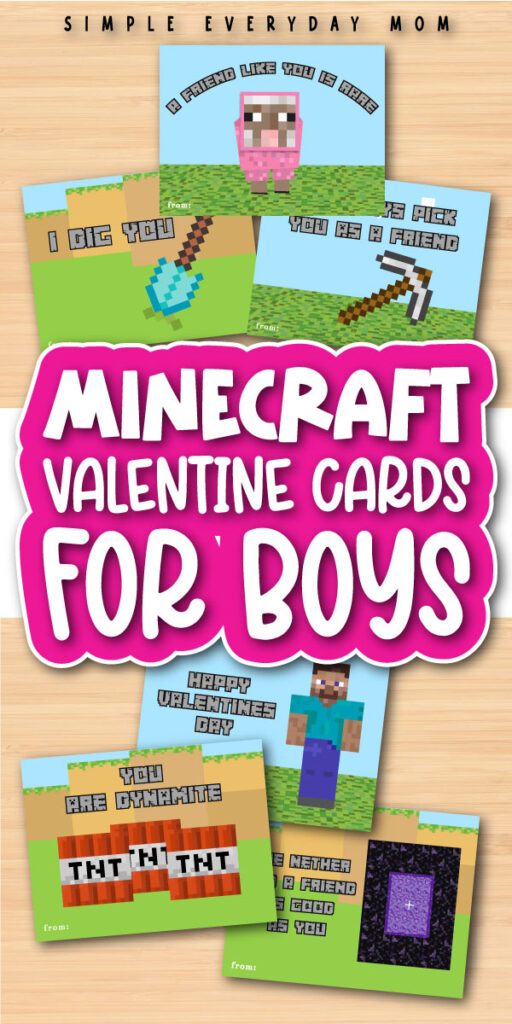Minecraft Valentine cards image collage with the words Minecraft Valentine cards for boys