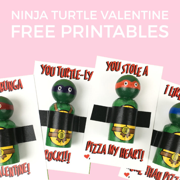 Ninja Turtle Valentine Free Printable | These free printable TMNT valentines are perfect for little boys! Use DIY TMNT peg dolls, Lego mini figs, or even ninja turtle themed candy! Click through to download now.