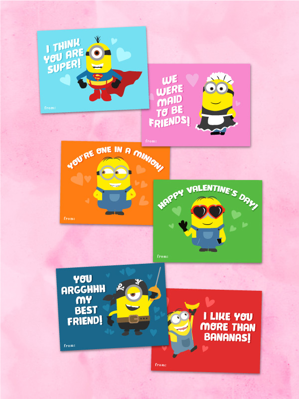 6 printable Minion valentines cards on a pink background