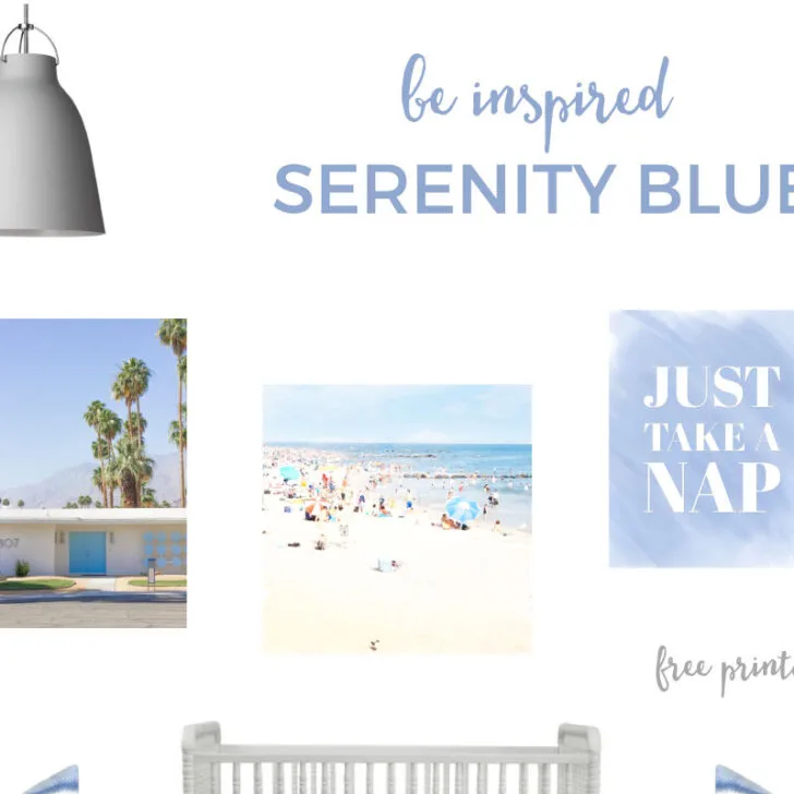 Pantone Serenity Nursery | You've seen the Rose Quartz nursery board, now make room for the Serenity blue nursery board. Be right on trend with this cool and calming blue nursery. And download your FREE corresponding printable wall art!