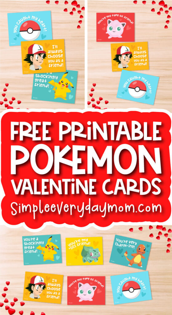 Pokemon Valentine cards image collage with the words free printable Pokemon Valentine cards