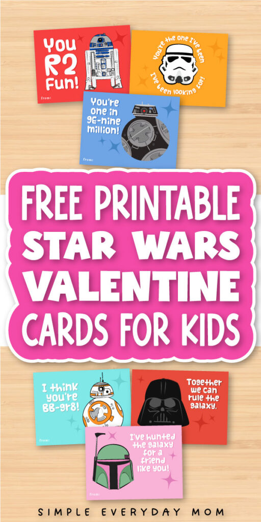 Star Wars Valentine's Day cards image collage with the words free printable Star Wars Valentine cards for kids