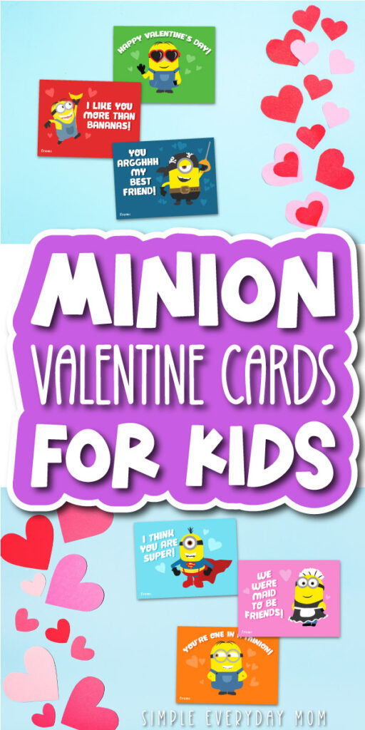 printable minion valentine cards image collage with the words Minion Valentine cards for kids