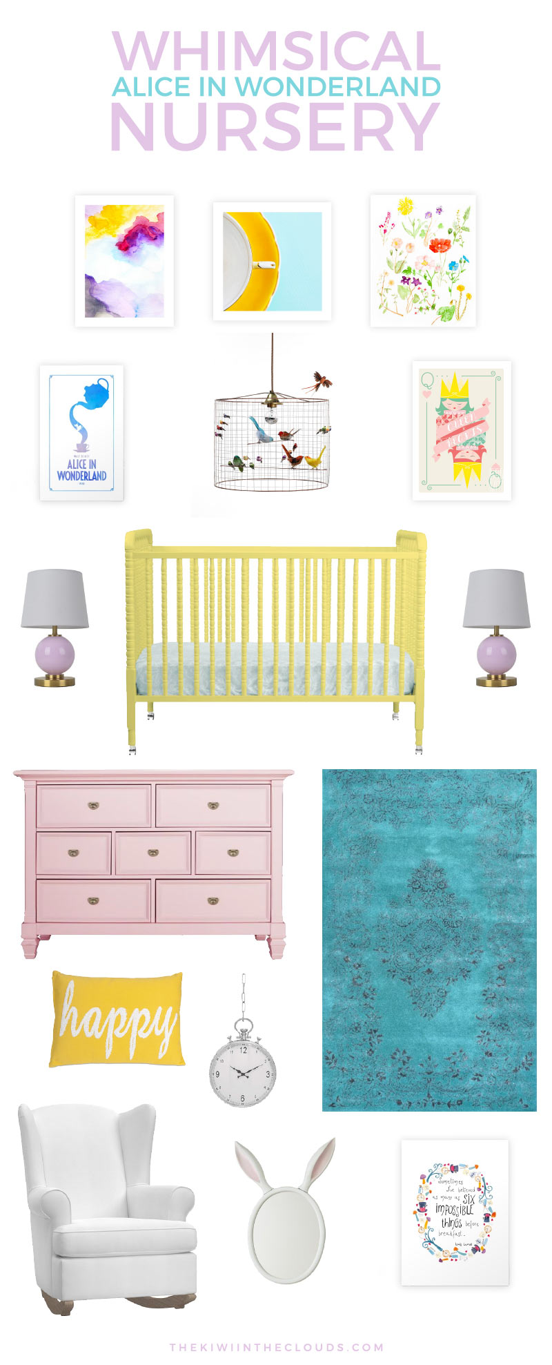 Create a baby girl's room filled with whimsy and quirkiness with this Alice in Wonderland nursery. It's modern, playful and perfect for the off beat Disney baby! 