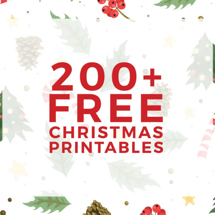 A massive collection of over 200 pieces of free Christmas printables including wall art, wrapping paper, advent calendars, treat toppers, kids activities and more!