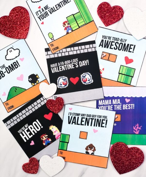 free printable Mario Valentine cards with foam hearts