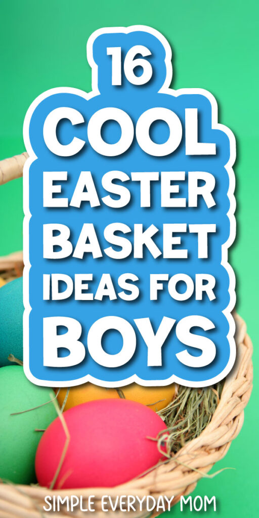 Easter basket with eggs on a green gradient background with the words 16 cool Easter basket ideas for boys