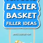 Easter basket with eggs on a blue gradient background with the words 16 fun boys' Easter basket filler ideas