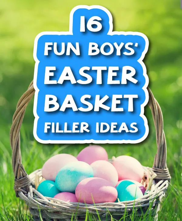 Easter basket with plastic eggs, on a grass background, with the words 16 fun boys' Easter basket filler ideas