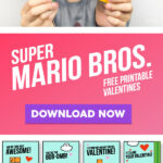 real life image of child holding Mario valentine cards and mock up of Valentine's cards with the words Super mario Bros. free printable Valentines