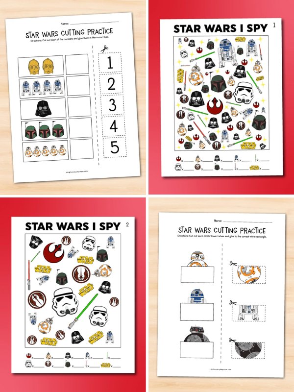 Collage of Star Wars-themed printable activity worksheets for kids, including cutting practice with droid halves and character images, and two "I Spy" pages filled with various Star Wars icons like droids, Darth Vader, and stormtroopers.