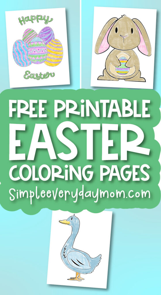 Easter egg, bunny, and duck coloring pages with the words free printable Easter coloring pages