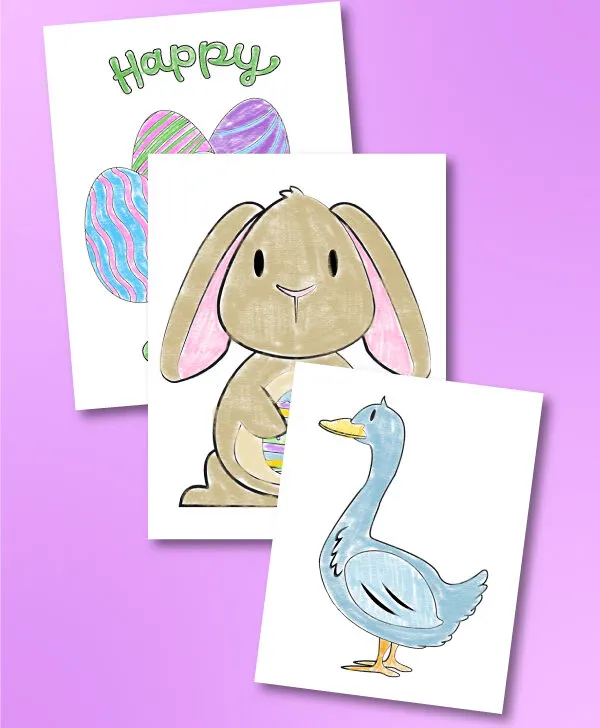 Easter egg, bunny, and duck coloring pages