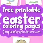 Easter egg, bunny, and duck coloring pages with the words free printable Easter coloring pages