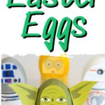 Yoda Easter egg with R2D2, C3-P0 and BB-* Easter eggs behind it with the words Star Wars Easter eggs