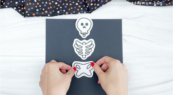 hands gluing skeleton pelvis to black paper