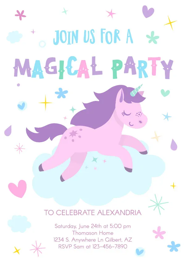 Unicorn birthday party invitations