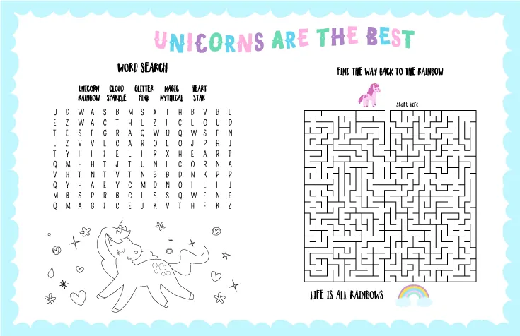 unicorn party | printable activity placemat 