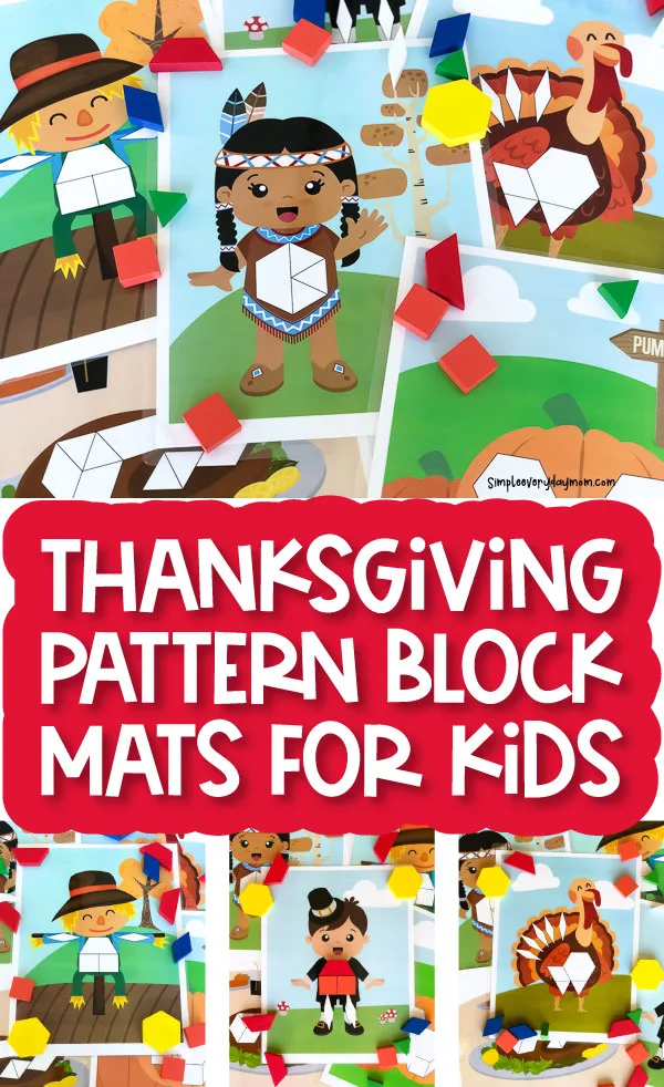 Thanksgiving pattern block mats image collage with the words Thanksgiving pattern block mats for kids