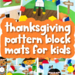 Thanksgiving pattern block mats image collage with the words Thanksgiving pattern block mats for kids